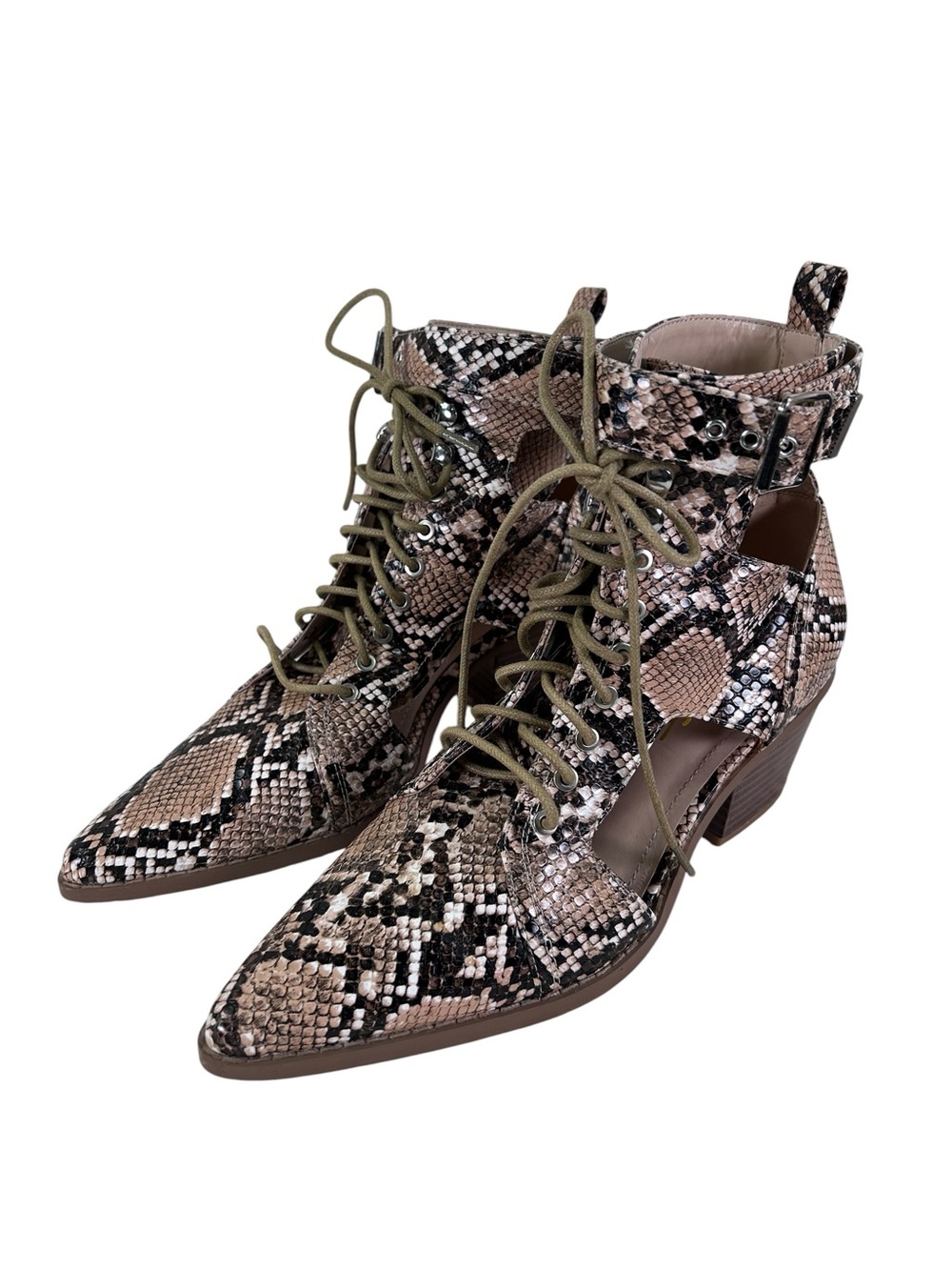 Lulus Vincent Snake Print Cutout Booties Women’s 7 Lace Up Western Pointed Toe